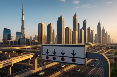 Dubai skyline with modern toll road infrastructure Dubai skyline with modern toll road infrastructure