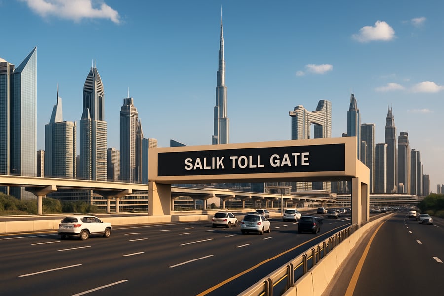 Dubai toll road with modern city skyline Dubai toll road with modern city skyline